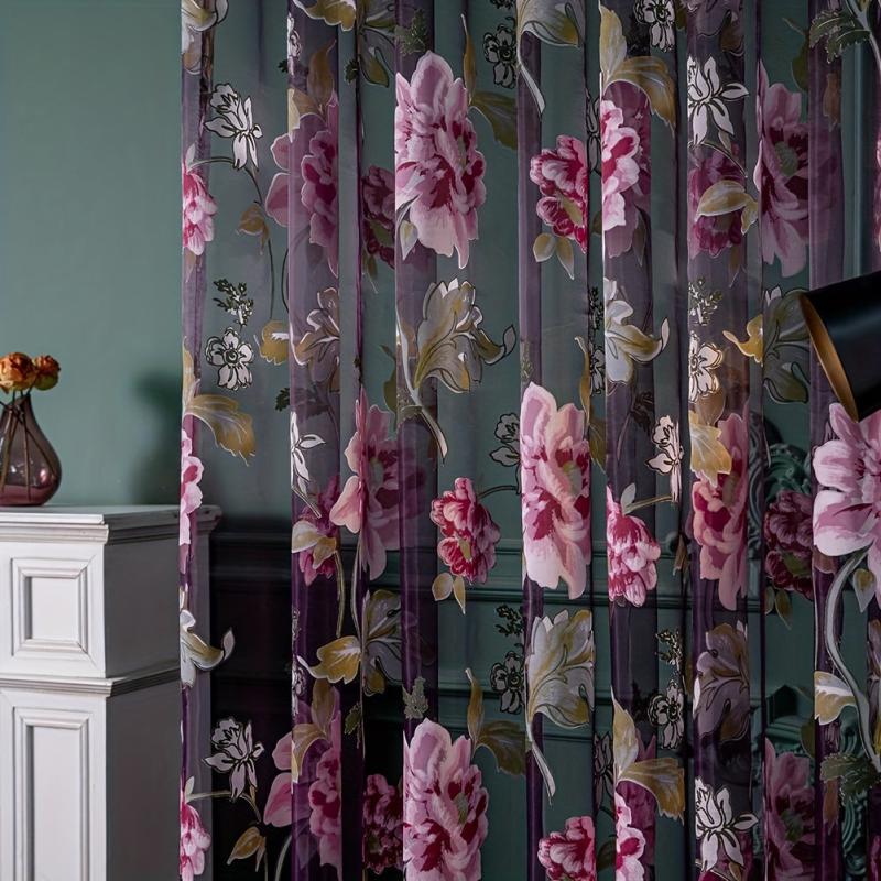 Purple Flower Printed Sheer Curtain for Home Decor