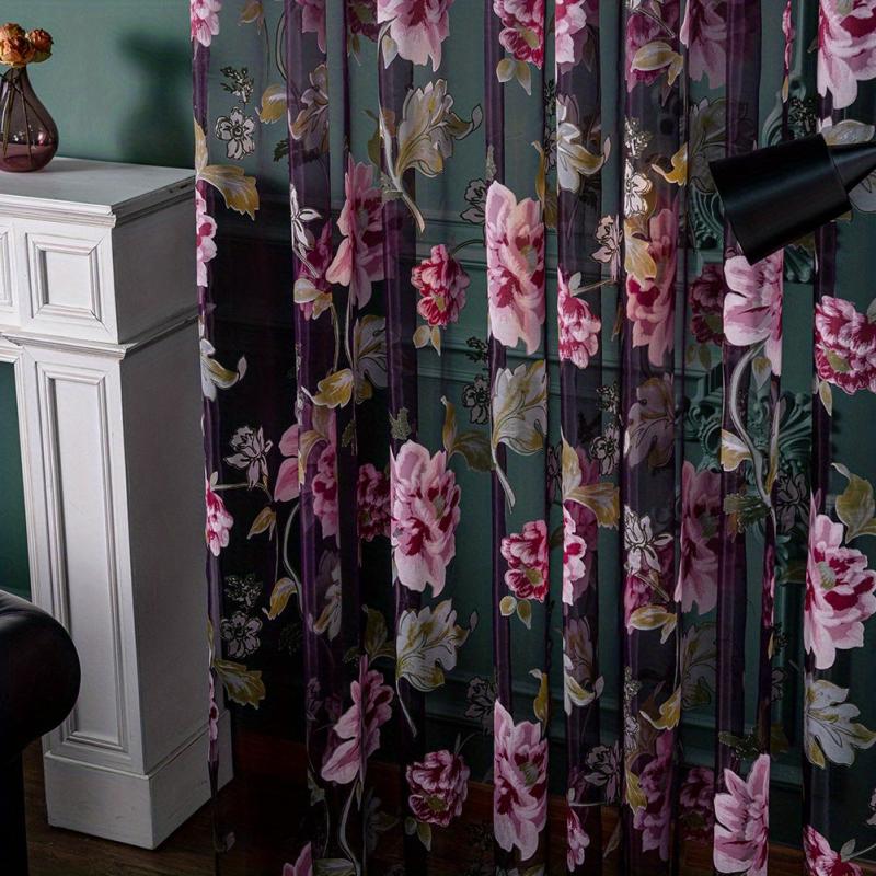 Purple Flower Printed Sheer Curtain for Home Decor