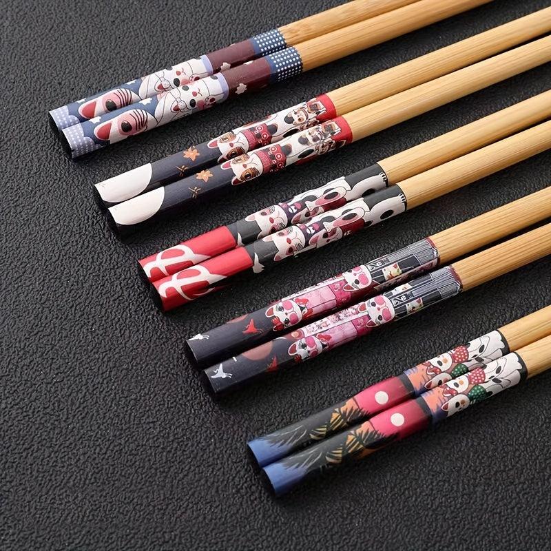 5 Pairs Bamboo Chopsticks Lucky Cat Pattern