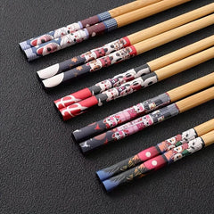 5 Pairs Bamboo Chopsticks Lucky Cat Pattern