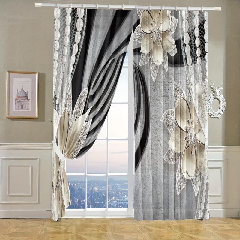 2pcs Colorful Flower Window Eyelet Curtain for Bedroom Living Room
