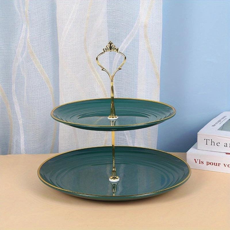 Golden Edge 2 Layer Dessert Rack, Green Golden Rod, Plastic Fruit Plate