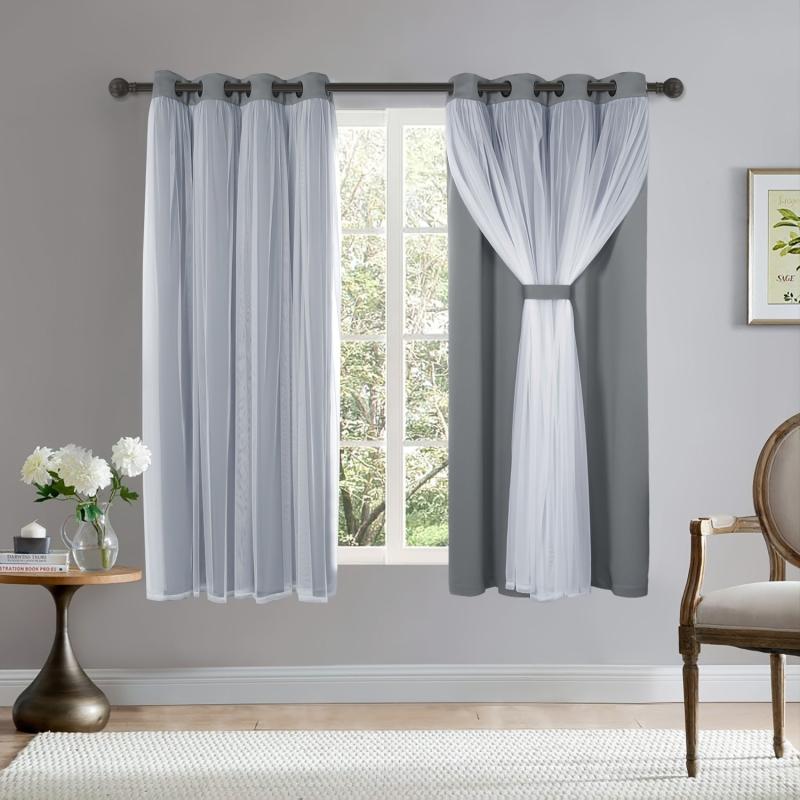 Blackout Curtains With Sheer Voile Double Layer Grey