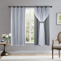 Blackout Curtains With Sheer Voile Double Layer Grey