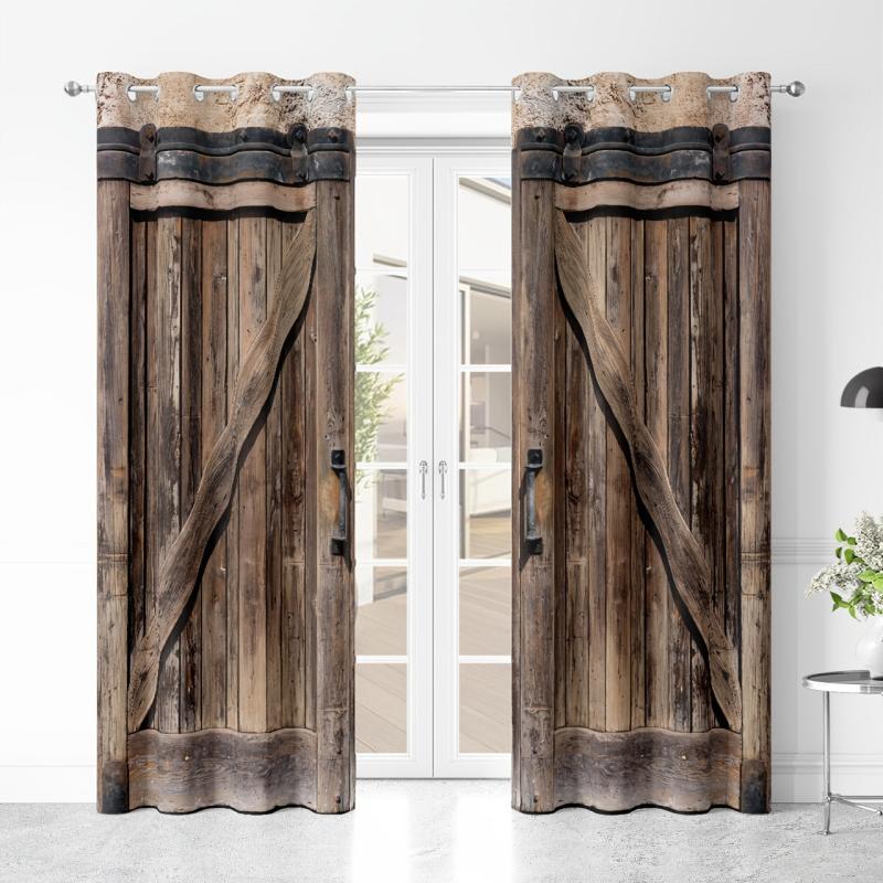 2pcs Rustic Door Pattern Curtain for Home Decor