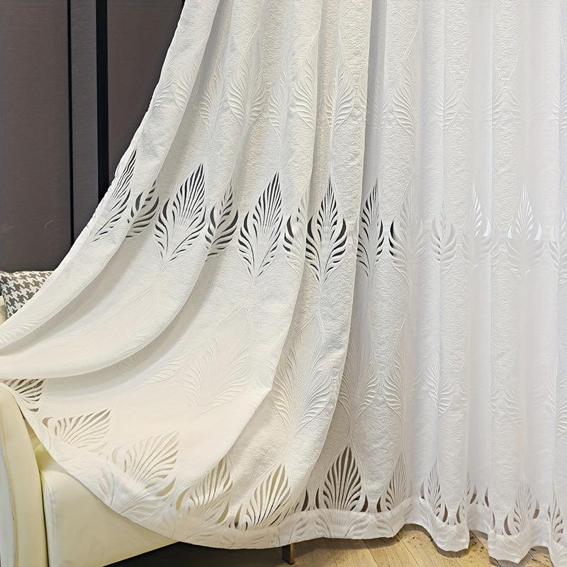 1pc Hollow Leaf Jacquard Window Sheer Curtain Soft Home Decor