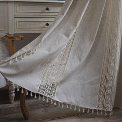 Geometric Pattern Crochet Bohemian Curtain Solid Linen Semi Blackout Rod Pocket