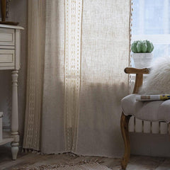 Geometric Pattern Crochet Bohemian Curtain Solid Linen Semi Blackout Rod Pocket