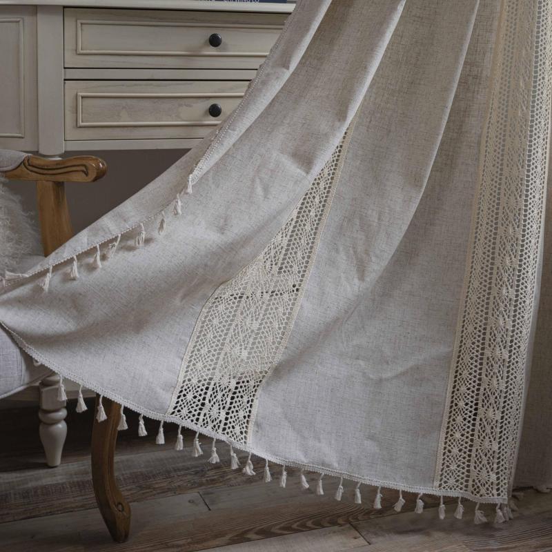 Geometric Pattern Crochet Bohemian Curtain Solid Linen Semi Blackout Rod Pocket