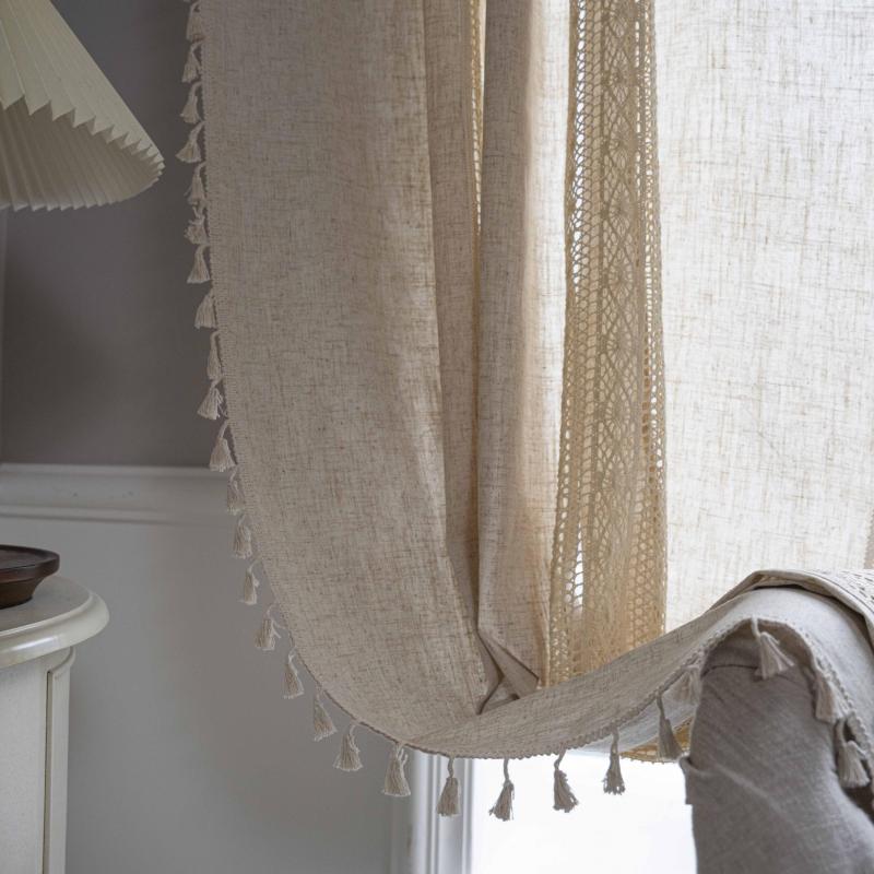 Geometric Pattern Crochet Bohemian Curtain Solid Linen Semi Blackout Rod Pocket