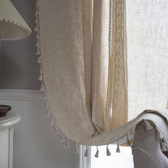 Geometric Pattern Crochet Bohemian Curtain Solid Linen Semi Blackout Rod Pocket