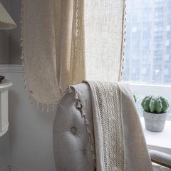 Geometric Pattern Crochet Bohemian Curtain Solid Linen Semi Blackout Rod Pocket