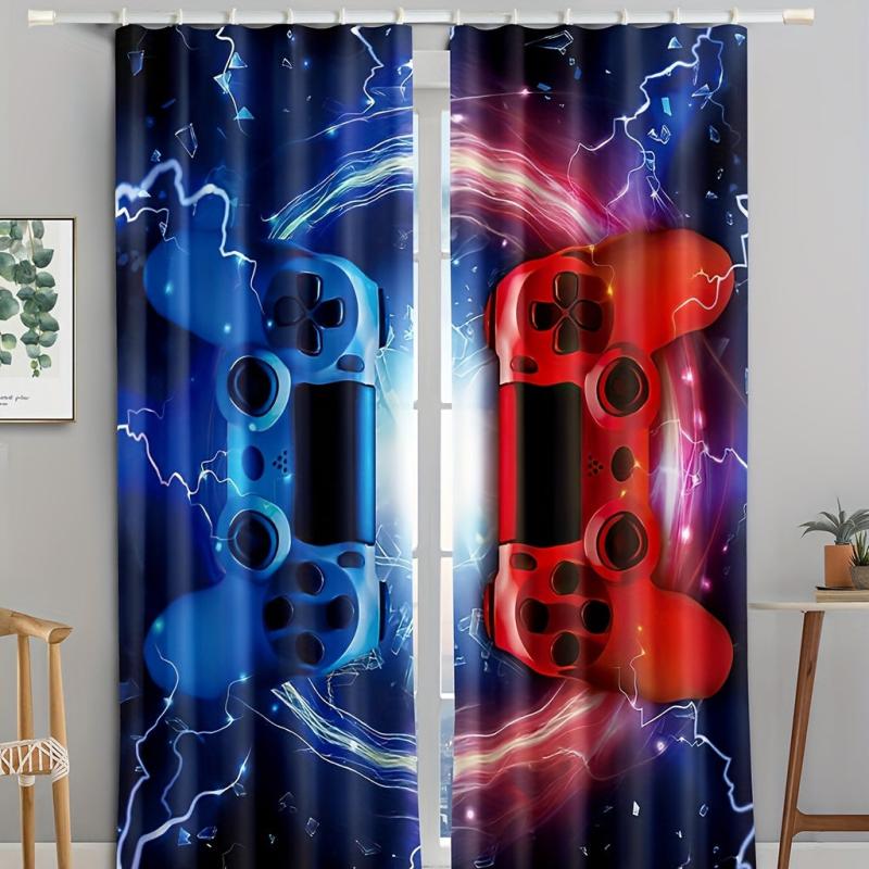 2pcs Lightning Red Gamepad Pattern Curtains with Accessories