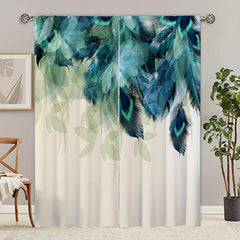 2pcs Peacock Feather Printed Window Curtain for Home Decor