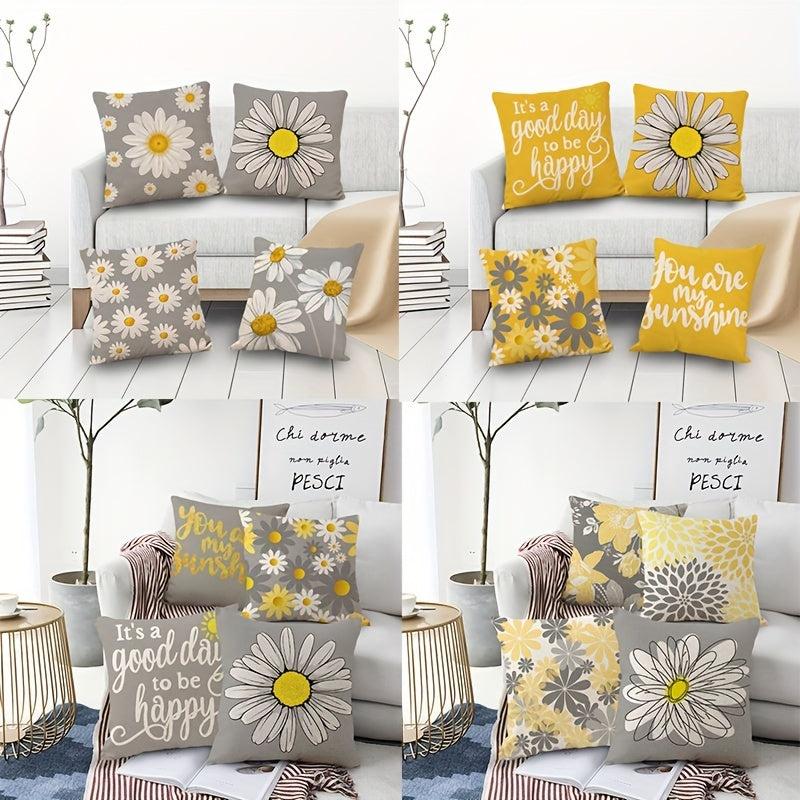 Geometric Daisy Pillow Cover Set Grey Yellow Sofa Living Room Decor