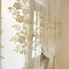 1PC Golden Embroidered Sheer Curtain European Tulle Gauze Curtain Rod Pocket