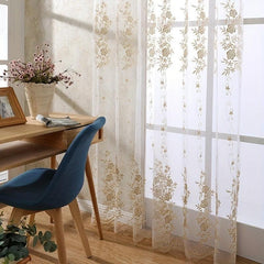 1PC Golden Embroidered Sheer Curtain European Tulle Gauze Curtain Rod Pocket