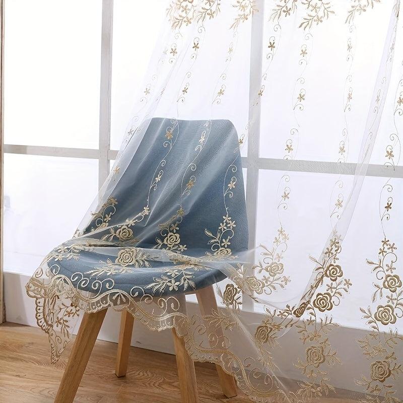 1PC Golden Embroidered Sheer Curtain European Tulle Gauze Curtain Rod Pocket