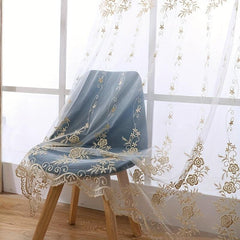 1PC Golden Embroidered Sheer Curtain European Tulle Gauze Curtain Rod Pocket