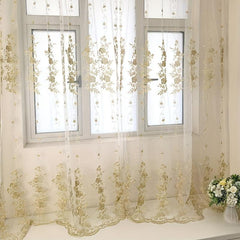 1PC Golden Embroidered Sheer Curtain European Tulle Gauze Curtain Rod Pocket