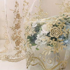 1PC Golden Embroidered Sheer Curtain European Tulle Gauze Curtain Rod Pocket