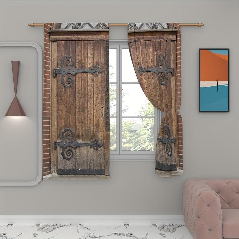 2 Panels Castle Wooden Door Printed Curtains for Living Room Bedroom