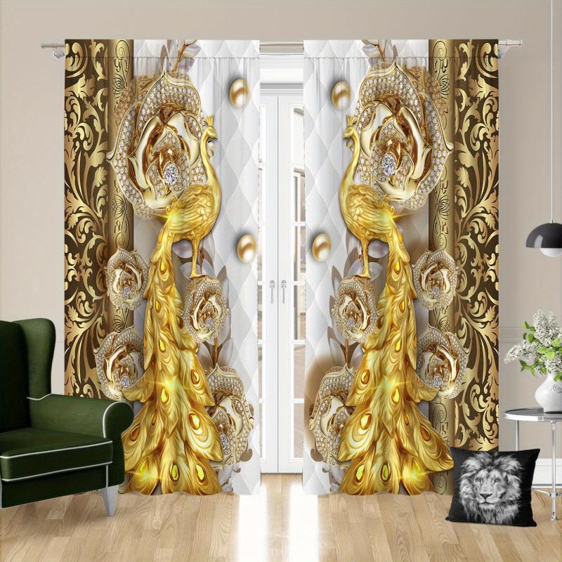 2pcs Golden Peacock Curtain Rod Pocket Top Window Drapes