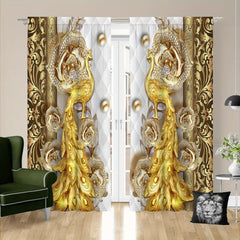 2pcs Golden Peacock Curtain Rod Pocket Top Window Drapes