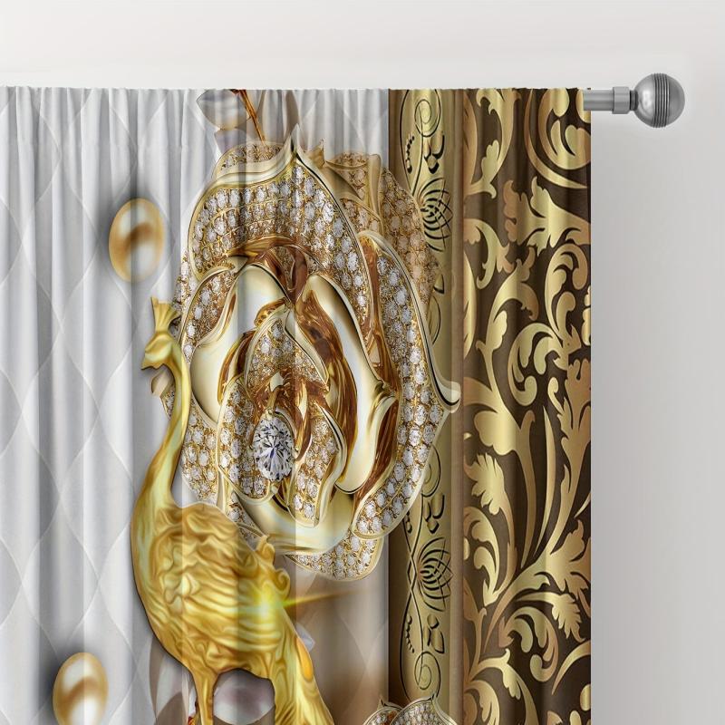 2pcs Golden Peacock Curtain Rod Pocket Top Window Drapes