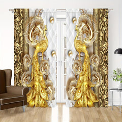 2pcs Golden Peacock Curtain Rod Pocket Top Window Drapes