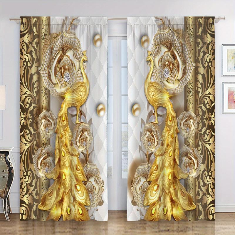 2pcs Golden Peacock Curtain Rod Pocket Top Window Drapes