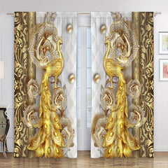 2pcs Golden Peacock Curtain Rod Pocket Top Window Drapes