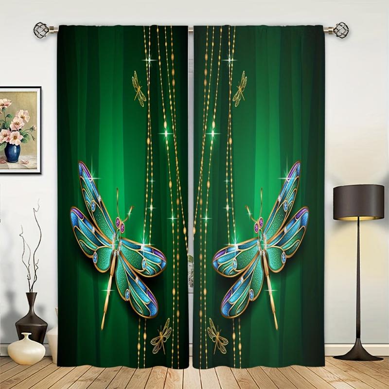 Butterfly Printed Rod Pocket Window Curtain Semi Blackout Decor - Set of 2 Panel