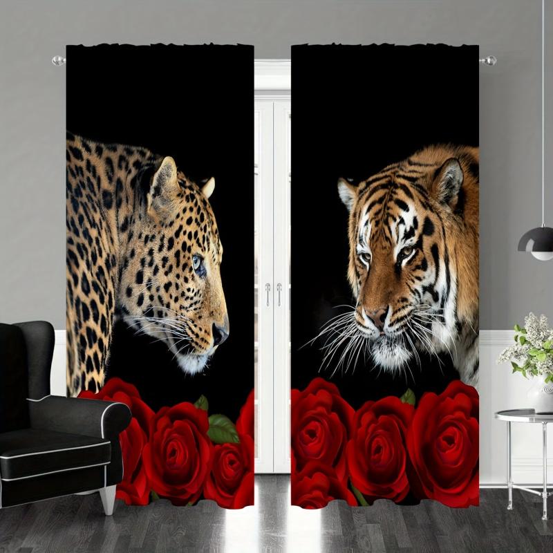 Red Floral Leopard Rose Curtains
