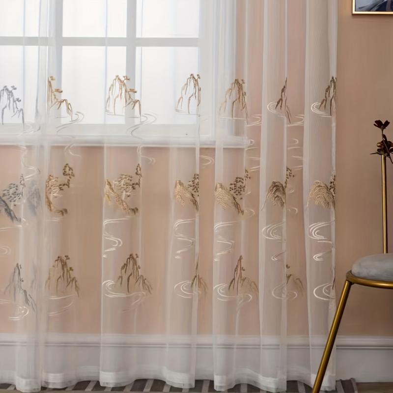 Panel Light Filtering Sheer Curtain Landscape Painting Artistic Sheer Curtain