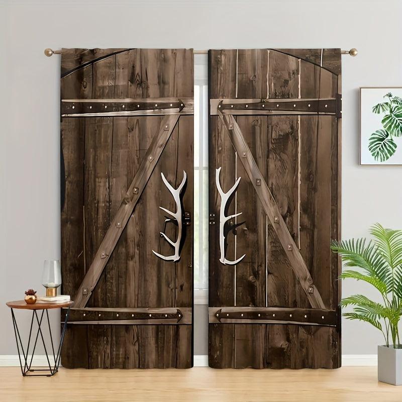 Vintage Wood Door Pattern Curtains Semi-Blackout Rod Pocket