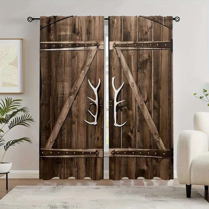 Vintage Wood Door Pattern Curtains Semi-Blackout Rod Pocket