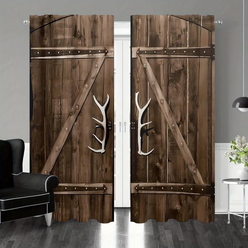 Vintage Wood Door Pattern Curtains Semi-Blackout Rod Pocket