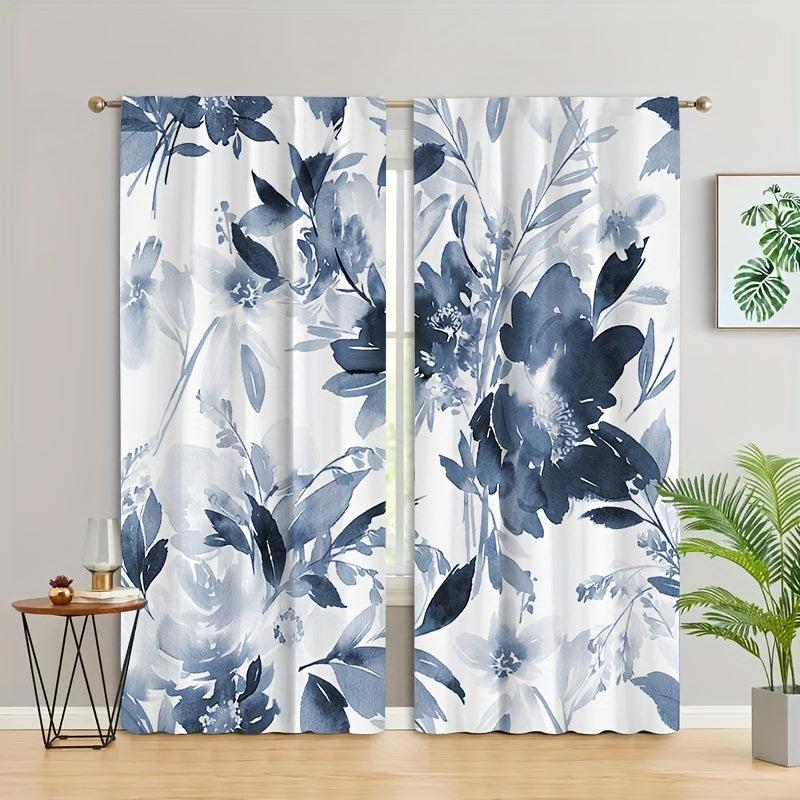 2panels Flower Pattern Curtains Rod Pocket Semi Blackout Window Curtains