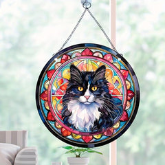 Acrylic Long Hair Cat Round Stain Window Hanging Pendant