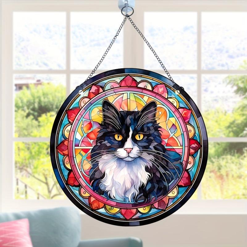 Acrylic Long Hair Cat Round Stain Window Hanging Pendant