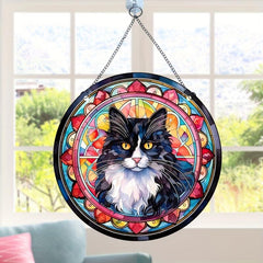 Acrylic Long Hair Cat Round Stain Window Hanging Pendant