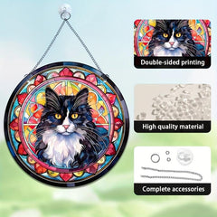 Acrylic Long Hair Cat Round Stain Window Hanging Pendant