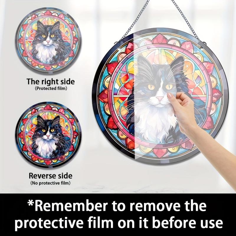 Acrylic Long Hair Cat Round Stain Window Hanging Pendant