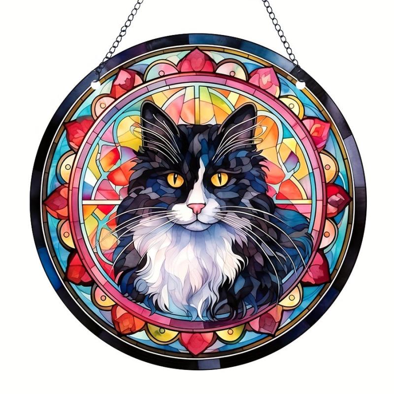 Acrylic Long Hair Cat Round Stain Window Hanging Pendant
