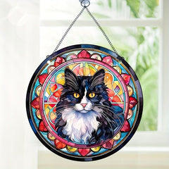 Acrylic Long Hair Cat Round Stain Window Hanging Pendant