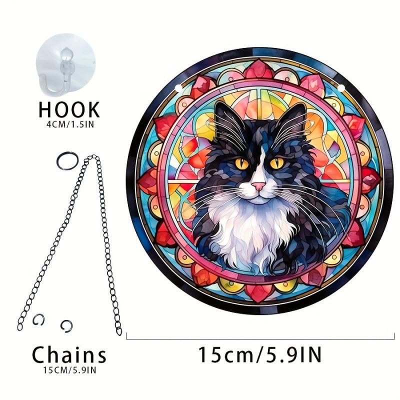 Acrylic Long Hair Cat Round Stain Window Hanging Pendant