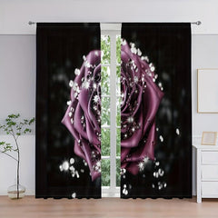 2pcs Red Roses Flower Pattern Curtain Blackout Rod Pocket Installation