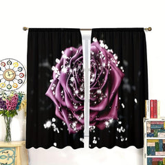 2pcs Red Roses Flower Pattern Curtain Blackout Rod Pocket Installation
