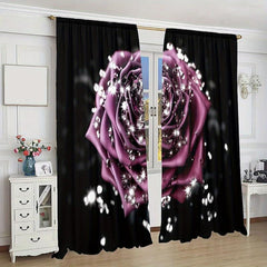 2pcs Red Roses Flower Pattern Curtain Blackout Rod Pocket Installation